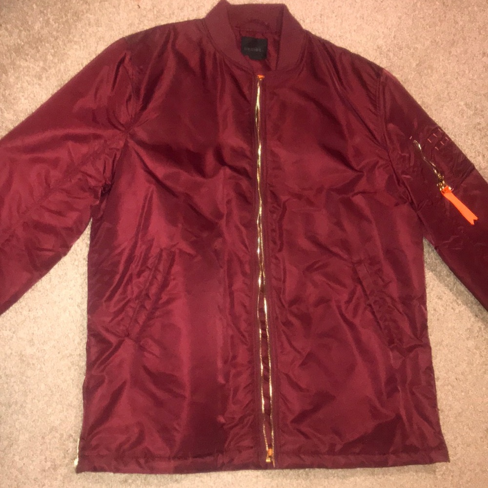 Wine color with gold Accents on zipper bomber....